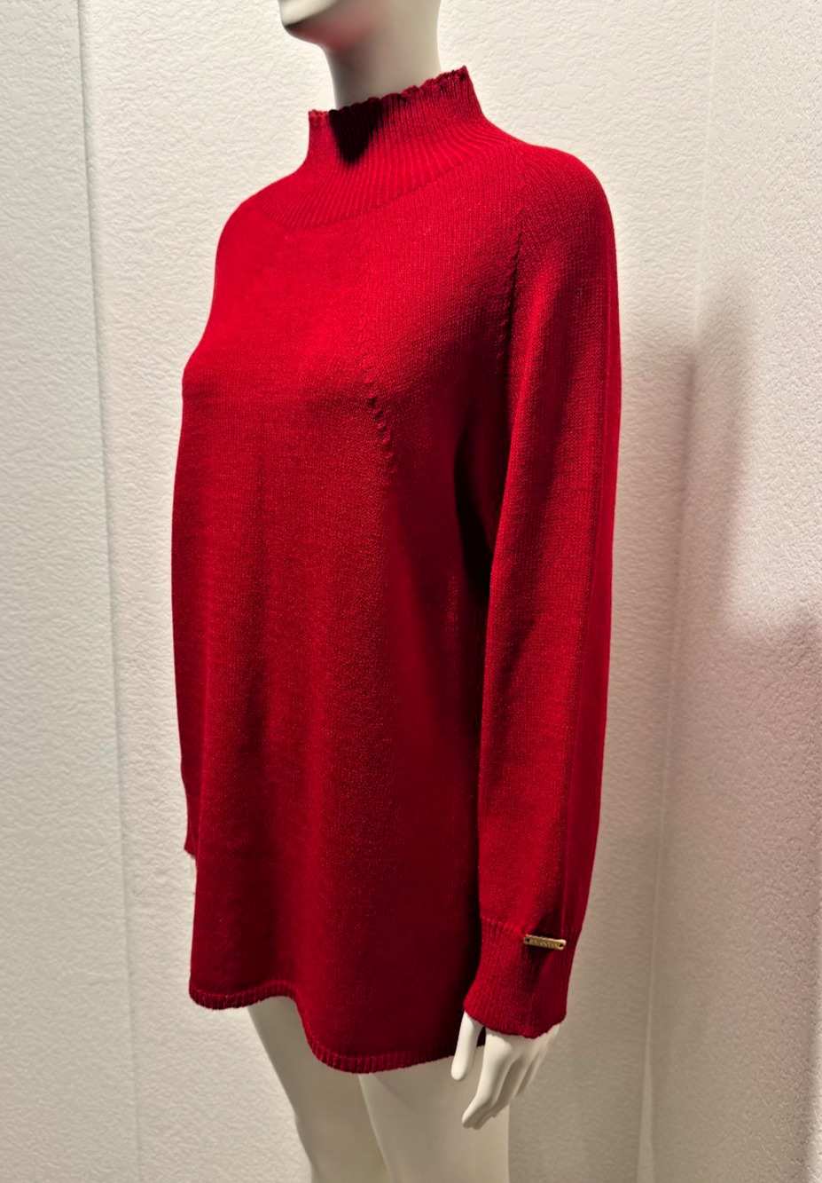 St John Red Turtleneck Knit Sweater Sz S OVERSIZED TUNIC LONG Scalloped Neck
